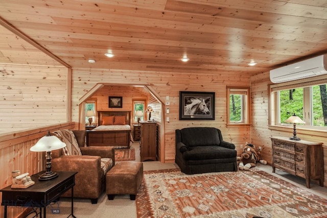 101 W Bridger Creek Rd, Big Timber, MT 59011 - living area featuring light carpet, an AC wall unit, wooden ceiling, and wooden walls