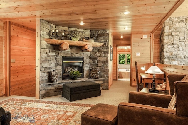101 W Bridger Creek Rd, Big Timber, MT 59011 - carpeted living area with wooden ceiling, wooden walls, and a stone fireplace