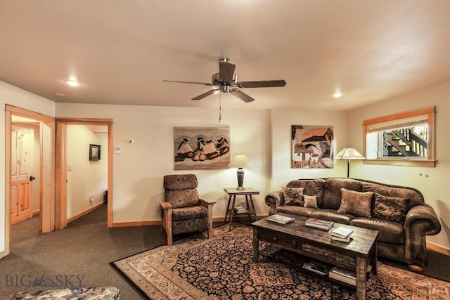 101 W Bridger Creek Rd, Big Timber, MT 59011 - carpeted living area with ceiling fan, baseboards, and recessed lighting
