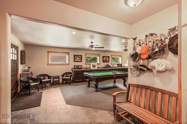 101 W Bridger Creek Rd, Big Timber, MT 59011 - rec room with billiards, tile patterned flooring, a ceiling fan, and recessed lighting