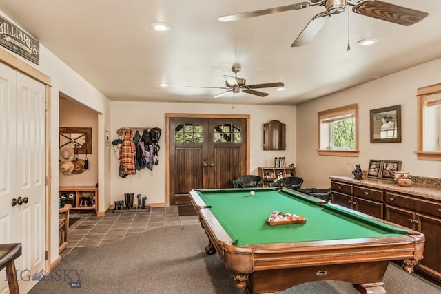 101 W Bridger Creek Rd, Big Timber, MT 59011 - rec room featuring a ceiling fan, recessed lighting, pool table, dark tile patterned floors, and dark colored carpet