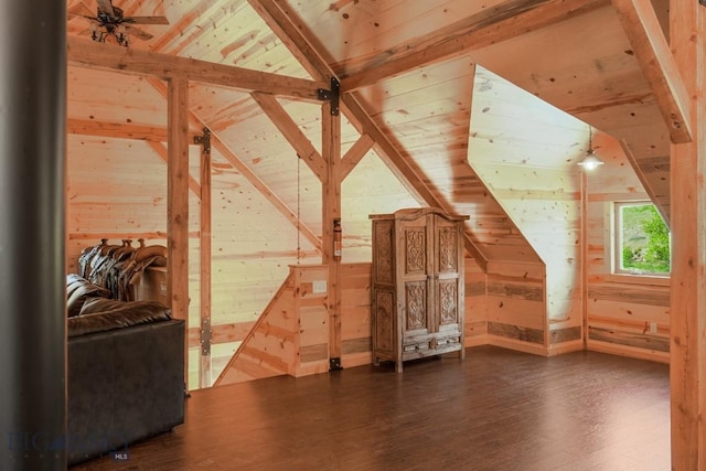 101 W Bridger Creek Rd, Big Timber, MT 59011 - bonus room featuring wood walls, dark wood-style floors, wooden ceiling, and lofted ceiling
