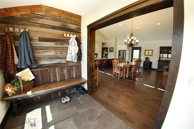 7 N Lewis And Clark Trl, Whitehall, MT 59759 - mudroom with a chandelier, lofted ceiling, and recessed lighting
