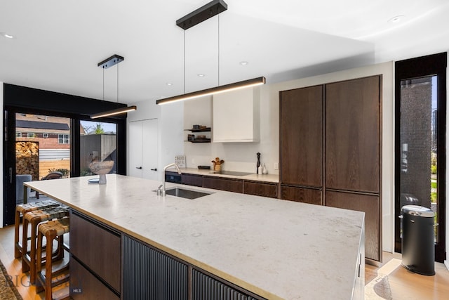 kitchen featuring a sink, modern cabinets, dark brown cabinets, black electric stovetop, and a kitchen breakfast bar
