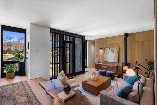 living room featuring a wood stove and light wood-style floors
