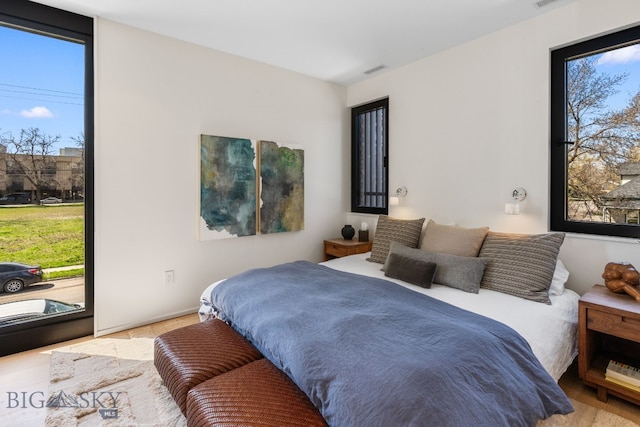 bedroom with access to exterior and multiple windows