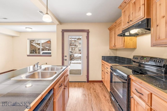 kitchen featuring black electric range, under cabinet range hood, a sink, light wood-type flooring, and light brown cabinets