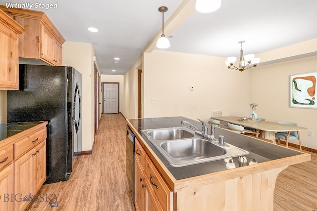 kitchen featuring a sink, light brown cabinets, black fridge with ice dispenser, light wood-style flooring, and recessed lighting