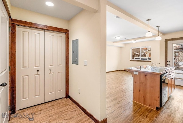 kitchen featuring light wood-type flooring, dishwasher, a sink, electric panel, and baseboards