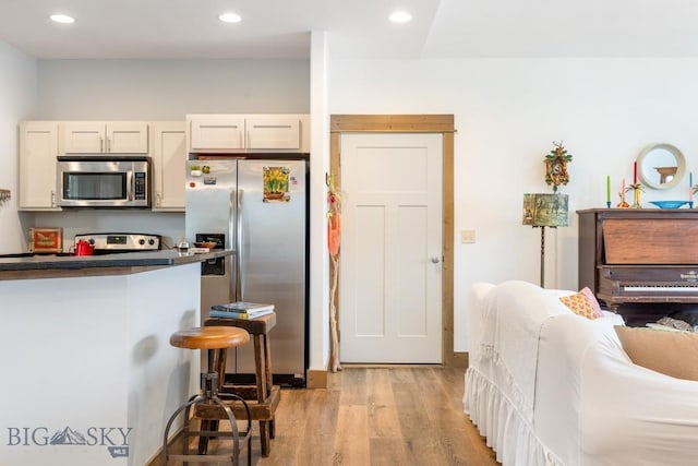 182 Snowy Owl Trl, Bozeman, MT 59718 - kitchen with stainless steel appliances, light wood-style floors, dark countertops, a breakfast bar, and recessed lighting