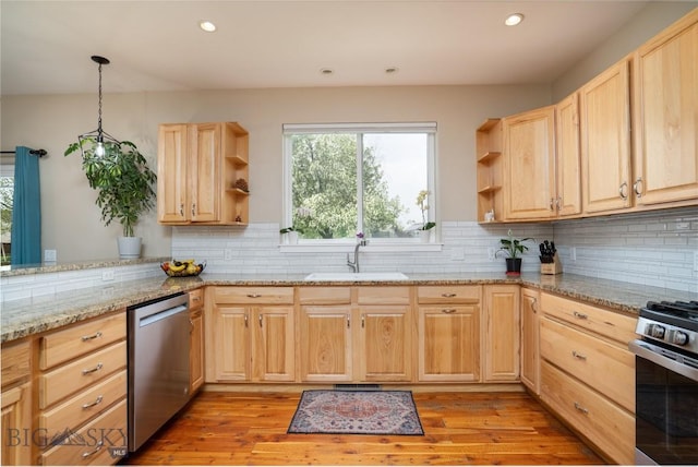 508 Coral Dr, Belgrade, MT 59714 - kitchen with a sink, light brown cabinets, stainless steel appliances, open shelves, and recessed lighting