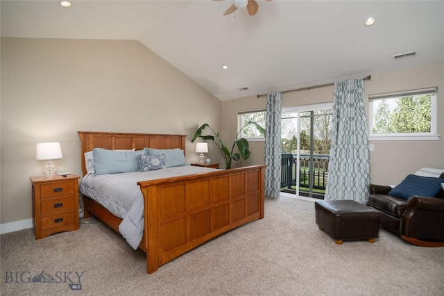 508 Coral Dr, Belgrade, MT 59714 - bedroom featuring access to outside, light colored carpet, recessed lighting, and vaulted ceiling