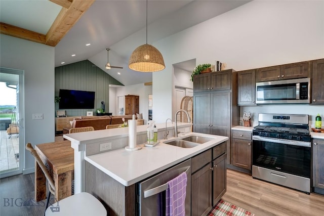 kitchen with stainless steel appliances, a sink, light countertops, light wood finished floors, and recessed lighting