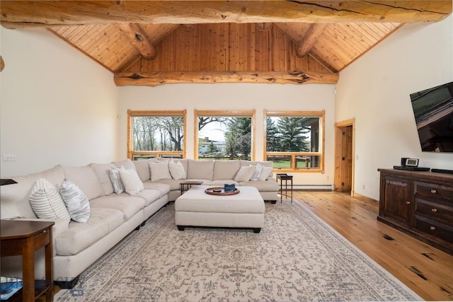 9704 River Rd, Bozeman, MT 59718 - living area featuring wood ceiling, light wood-style flooring, healthy amount of natural light, high vaulted ceiling, and a baseboard radiator