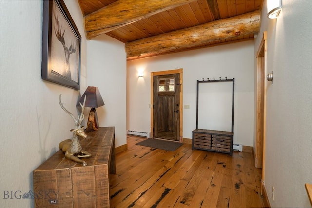 9704 River Rd, Bozeman, MT 59718 - foyer entrance with baseboard heating, beam ceiling, hardwood / wood-style flooring, and wood ceiling