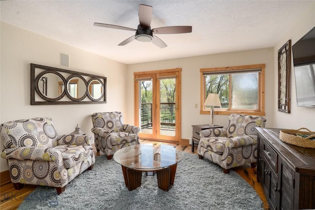9704 River Rd, Bozeman, MT 59718 - living room featuring ceiling fan, wood finished floors, and a textured ceiling