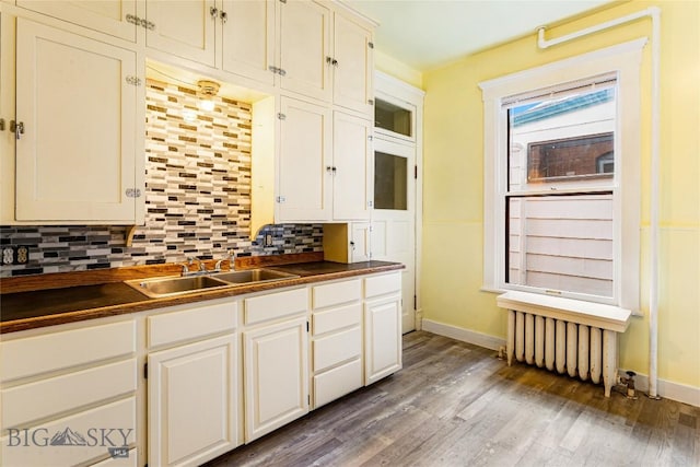 822 W Park St, Butte, MT 59701 - kitchen featuring radiator, a sink, dark countertops, decorative backsplash, and baseboards