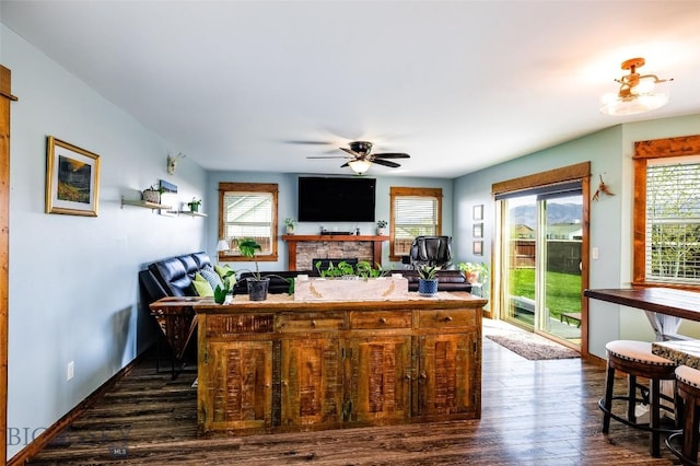 1602 Ingomar Blvd, Belgrade, MT 59714 - living room featuring healthy amount of natural light, dark wood-style floors, a fireplace, and ceiling fan