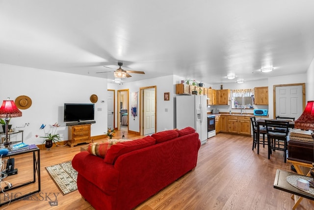 living room with ceiling fan and light wood-style flooring