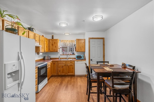 kitchen featuring white appliances, under cabinet range hood, a sink, light wood-style floors, and light countertops