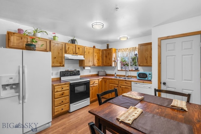 kitchen with white appliances, a sink, under cabinet range hood, light wood-style flooring, and light countertops