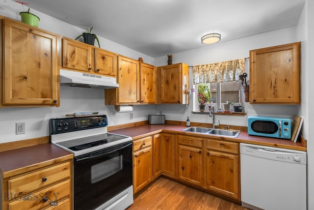 kitchen featuring dishwasher, under cabinet range hood, electric range oven, a sink, and light wood finished floors