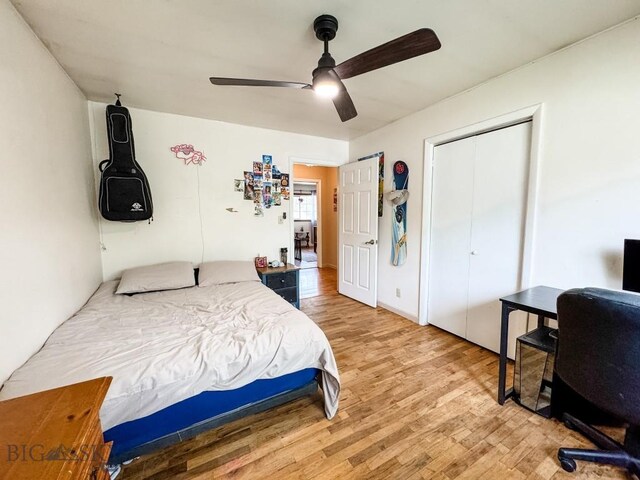 607 Meadowlark Ln, Livingston, MT 59047 - bedroom featuring light wood-style floors, ceiling fan, and a closet