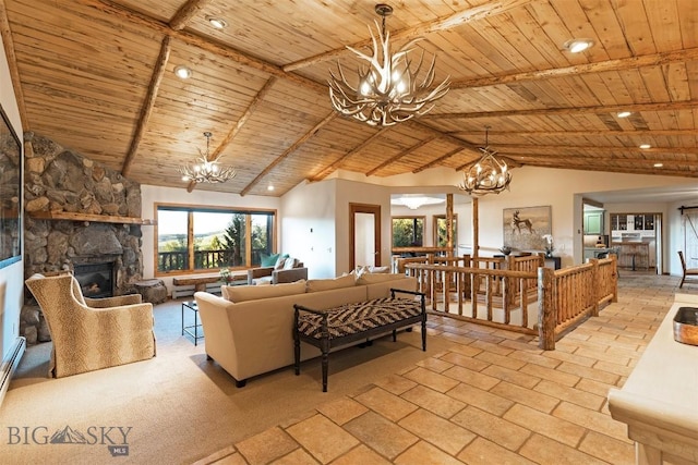 living area with a chandelier, wooden ceiling, recessed lighting, and a stone fireplace