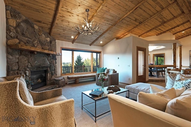 carpeted living room with wooden ceiling, a chandelier, a stone fireplace, and baseboards