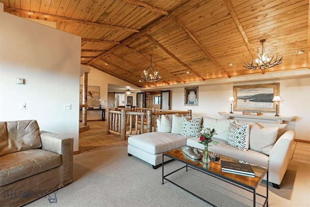 carpeted living room with a chandelier, wooden ceiling, beam ceiling, and high vaulted ceiling