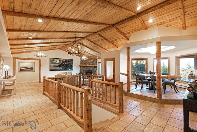 hall featuring wooden ceiling, a chandelier, recessed lighting, and baseboards
