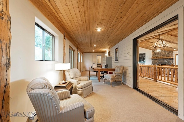 952 N Meadow Creek Rd, Mcallister, MT 59740 - sitting room with wooden ceiling, recessed lighting, carpet, and a chandelier