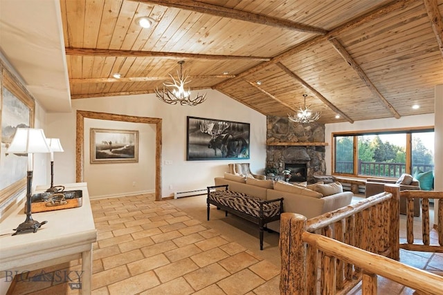 952 N Meadow Creek Rd, Mcallister, MT 59740 - living room featuring wooden ceiling, a chandelier, baseboard heating, a stone fireplace, and recessed lighting