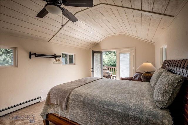 carpeted bedroom featuring baseboard heating, lofted ceiling, and wood ceiling