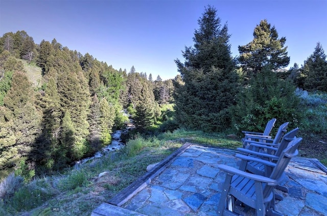 view of patio featuring a view of trees