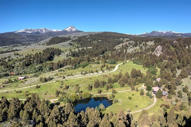 aerial view of property and surrounding area featuring a water and mountain view