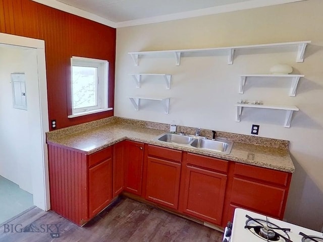 401 E 2nd Ave, Big Timber, MT 59011 - kitchen with open shelves, a sink, dark wood-style floors, and white range with gas cooktop
