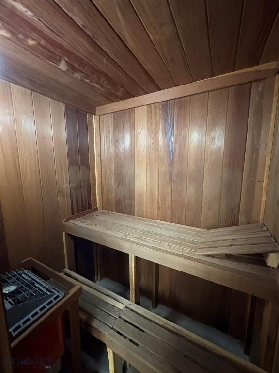 sauna featuring wood walls and wood ceiling