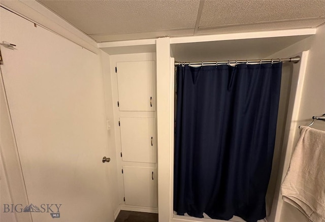 bathroom with curtained shower