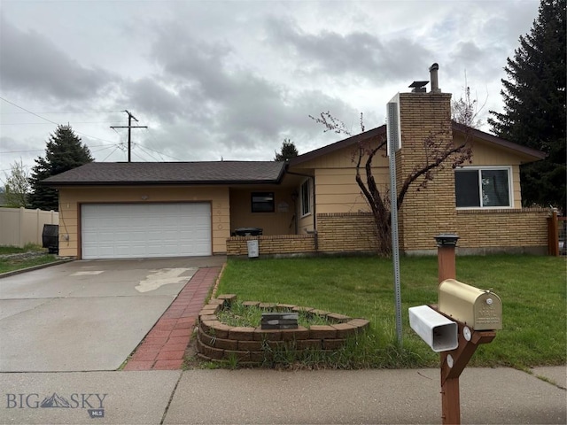 single story home featuring a chimney, concrete driveway, an attached garage, and brick siding