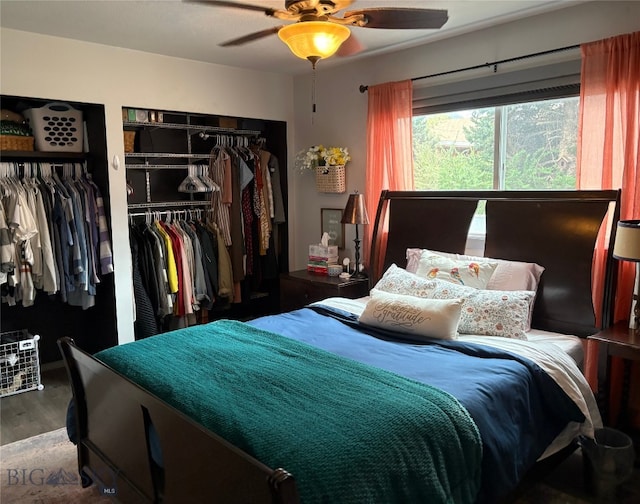bedroom featuring multiple closets, wood finished floors, and a ceiling fan