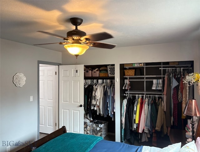 bedroom featuring multiple closets and a ceiling fan