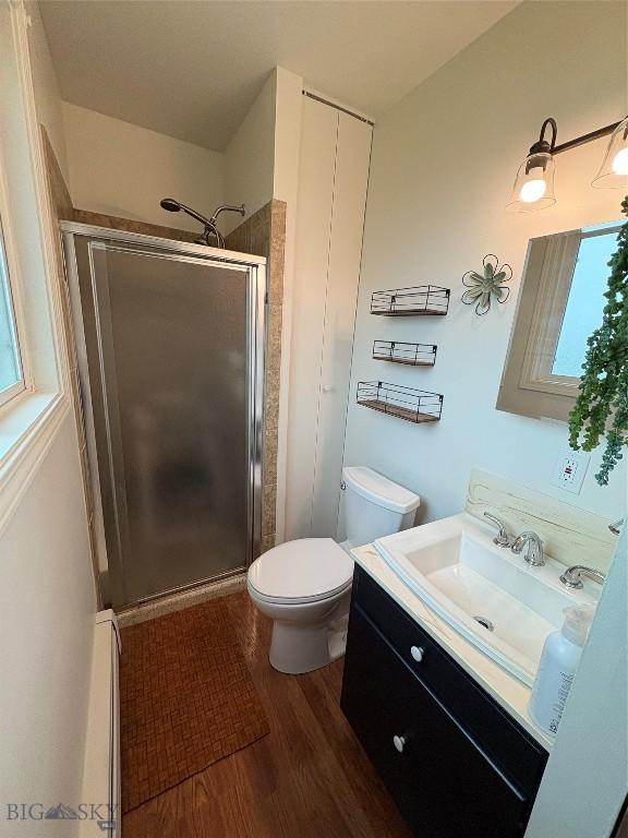 bathroom with a shower stall, wood finished floors, vanity, toilet, and a baseboard heating unit