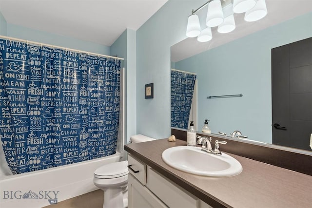 bathroom with vanity, toilet, and shower / bathtub combination with curtain