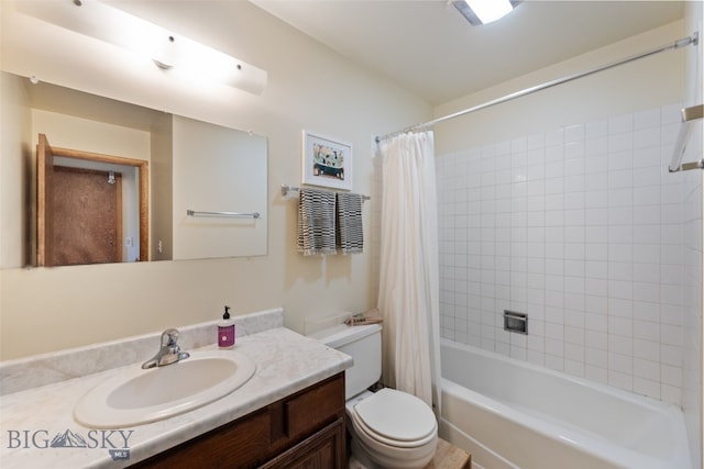 full bath with toilet, vanity, and shower / tub combo with curtain