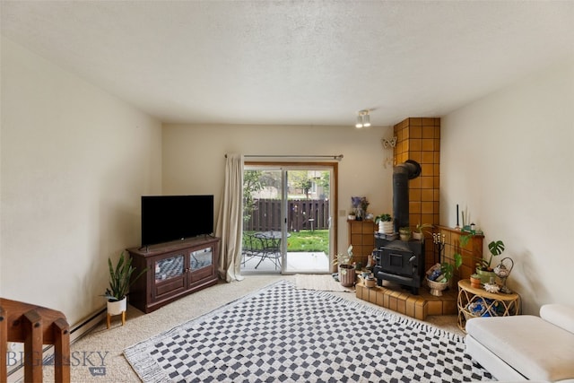 living room featuring a wood stove and carpet floors