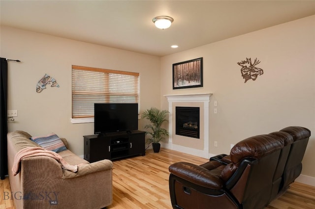 128 Droulliard Ave, Bozeman, MT 59718 - living room featuring light wood-type flooring, a glass covered fireplace, and baseboards