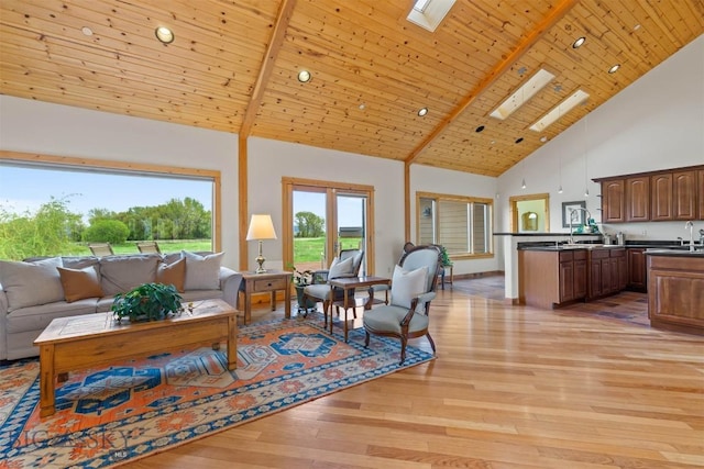 64 Shandalyn Ln, Bozeman, MT 59718 - living room featuring high vaulted ceiling, light wood-style flooring, and a skylight