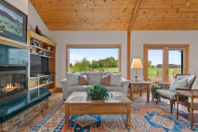 64 Shandalyn Ln, Bozeman, MT 59718 - living area with healthy amount of natural light, lofted ceiling, wood finished floors, wooden ceiling, and a fireplace