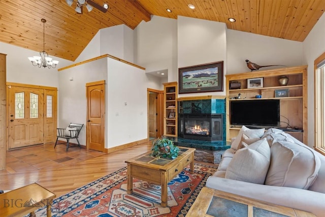 64 Shandalyn Ln, Bozeman, MT 59718 - living area with wood ceiling, wood finished floors, high vaulted ceiling, a high end fireplace, and a chandelier